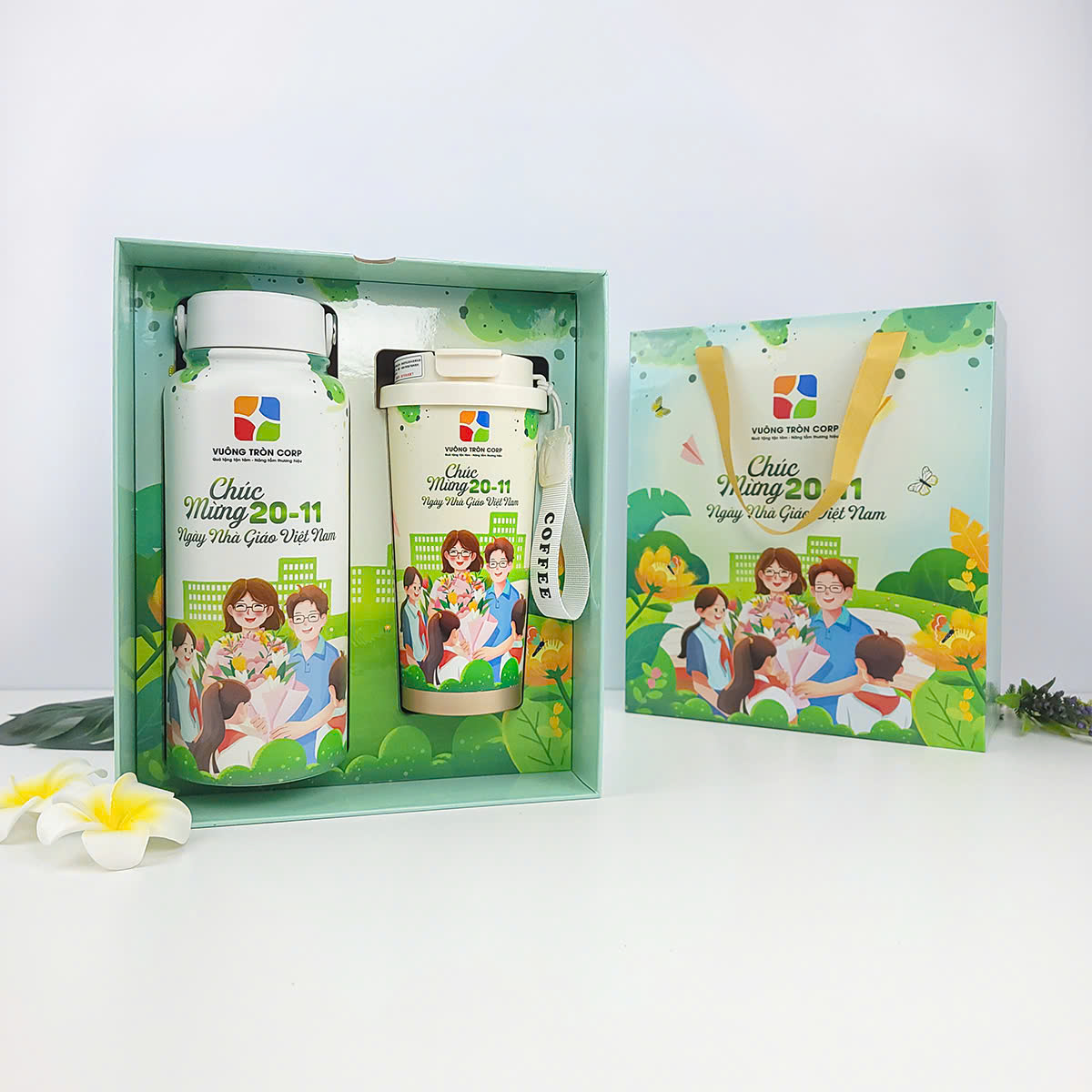 Set Bình & Ly Giữ Nhiệt In Logo Chủ Đề 20/11 Tặng Cô Giáo Vuông Tròn Gift (Các Mã GS181, HBGN06, GS12 Kèm Túi Canvas & ECO5M) - Hình minh họa chi tiết 1
